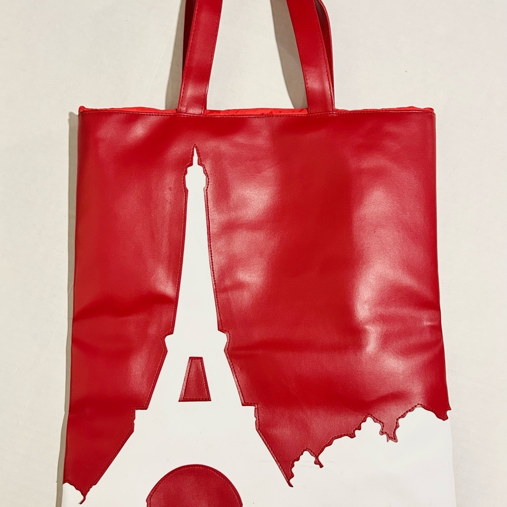 Vintage Y2K Transversion Red Eiffel Tower Paris France Vinyl Drawstring Tote Bag